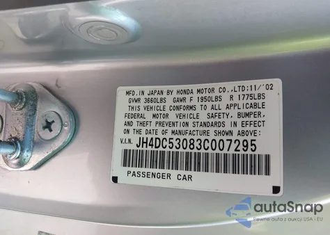 2003 Acura Rsx Type S from USA, damaged, VIN JH4DC53083C007295